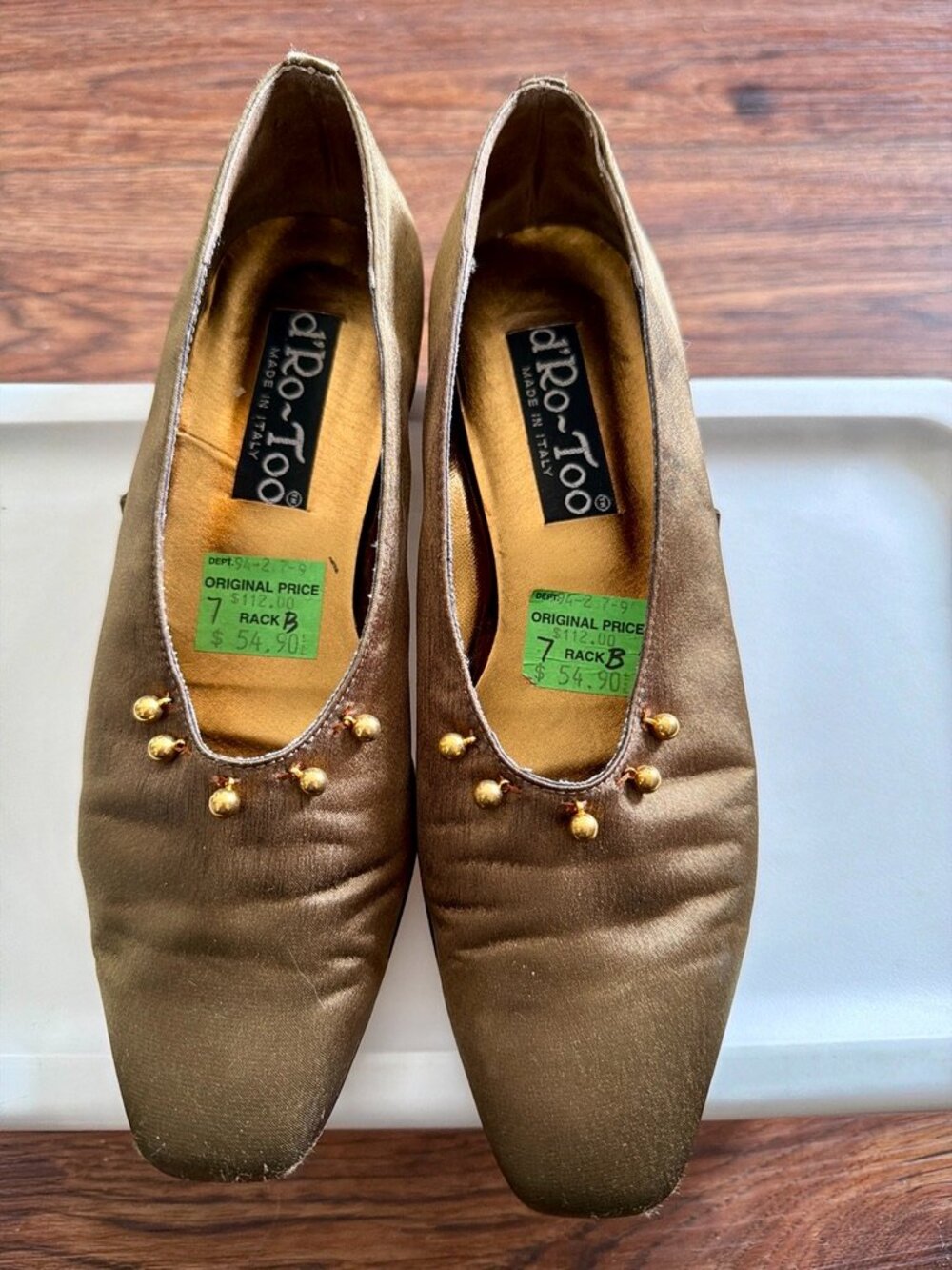 Vintage d’Ro-Too Italy Bronze Satin Flats Gold Beaded Trim Size 7